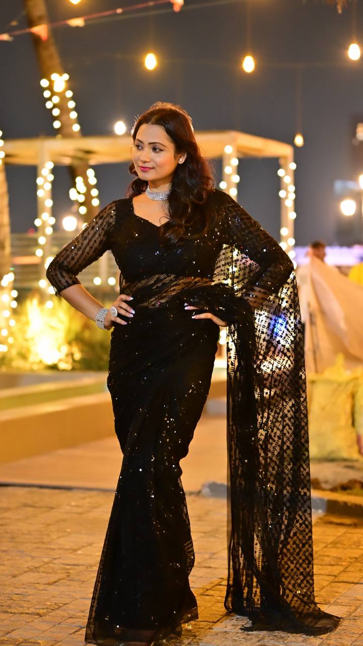 Black Net Sequin Saree with Jhalar Border – Luxury Partywear Designer Saree