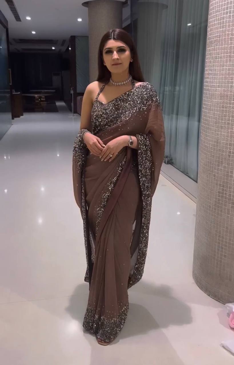 Chocolate Brown Georgette Glitter Saree For Party & Wedding Wear