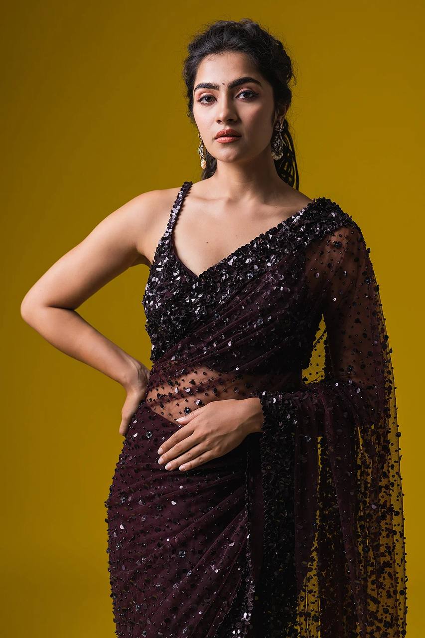Dark Brown Glamorous Net Saree with Hologram Sequin Work & Banglori Silk Blouse