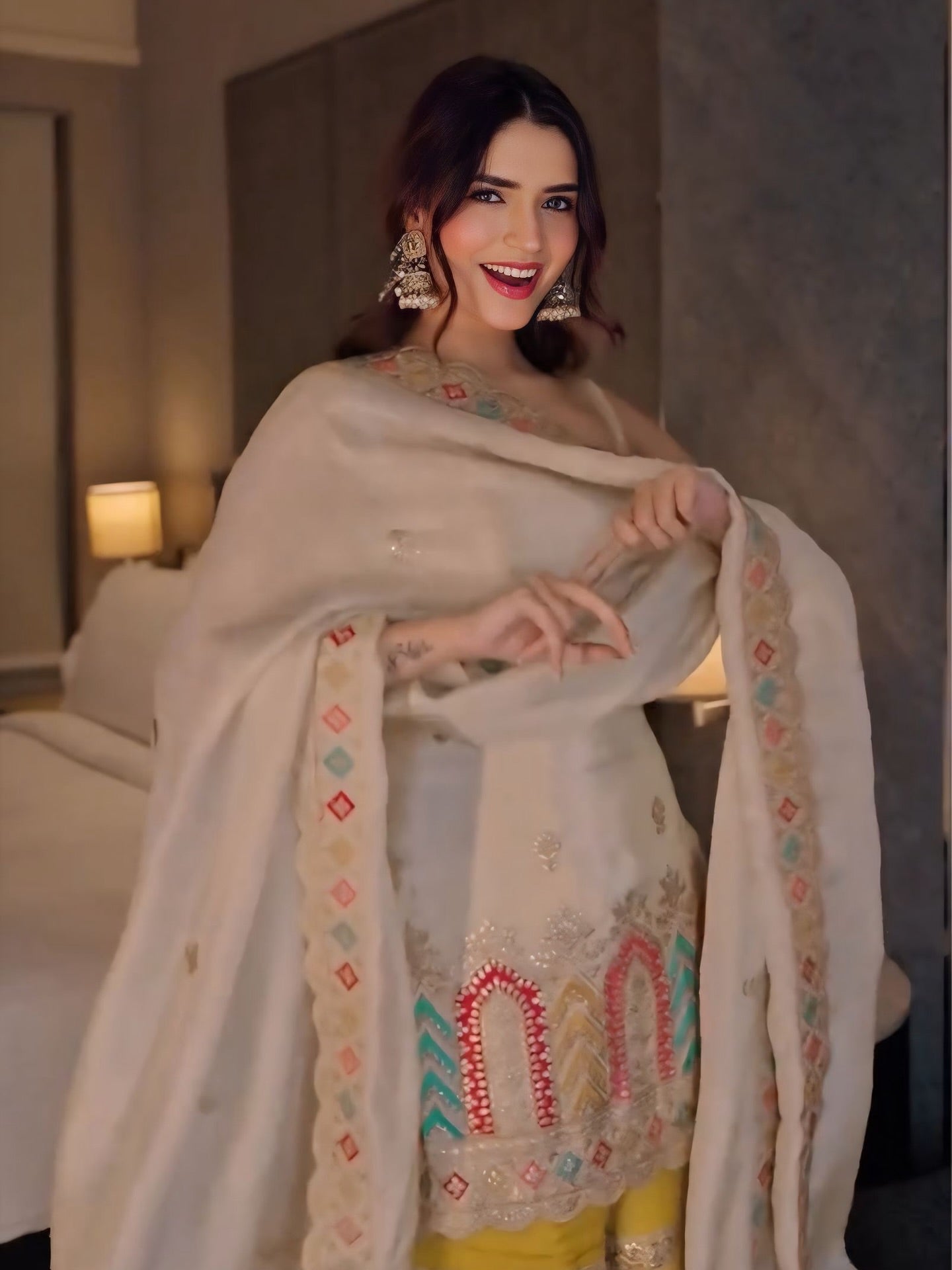 Ivory Chinnon Silk Sharara Set with Embroidered Dupatta | Festive & Party Wear
