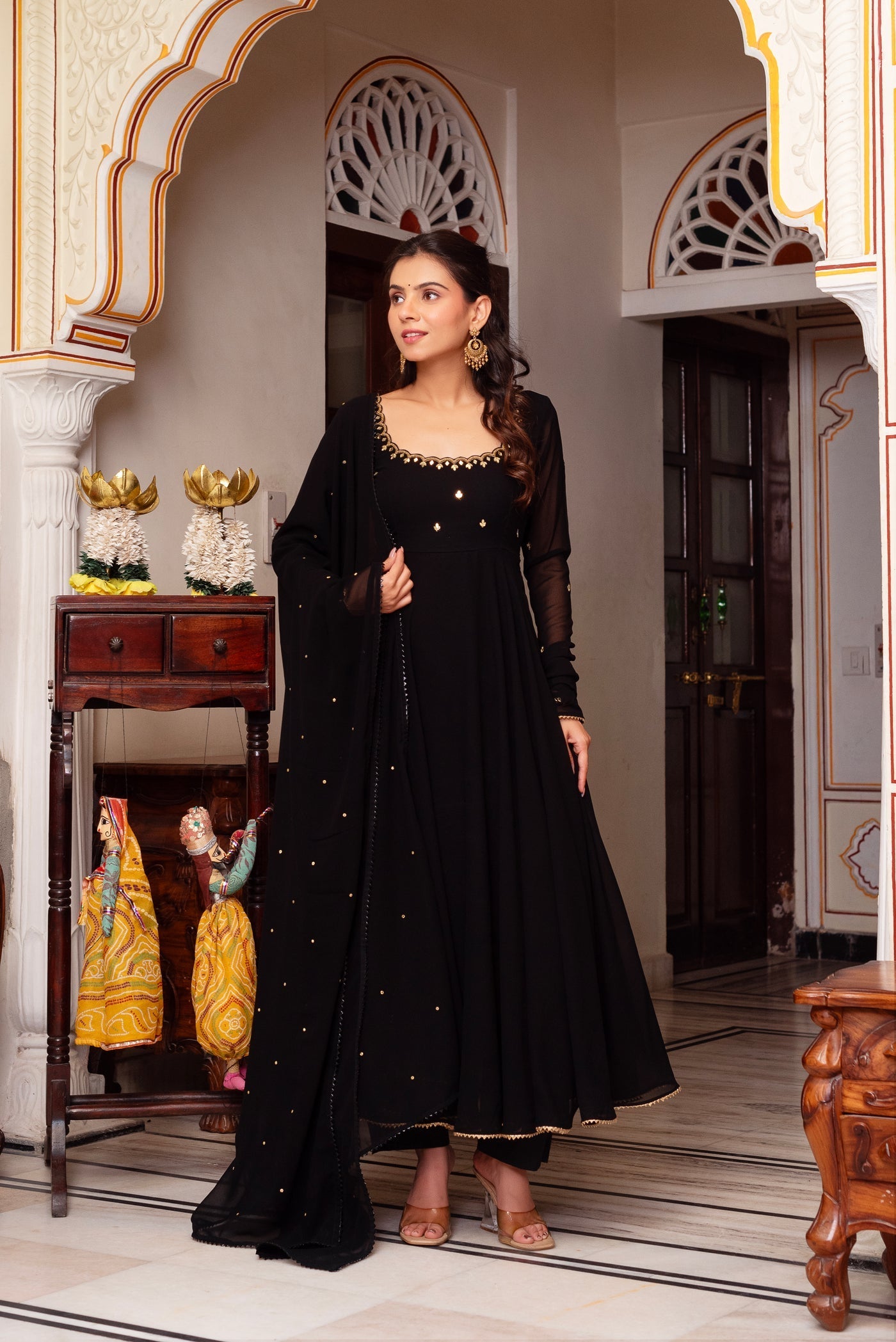 Black Soft Georgette Anarkali Suit with Dupatta For Festive Wear