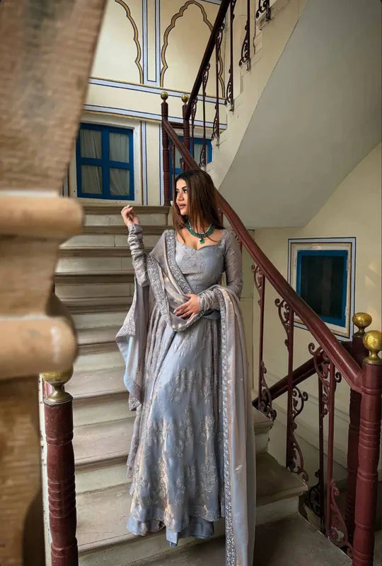 Silver Grey Embroidered Anarkali Palazzo Suit Set for Women | Wedding & Party Wear Palazzo Set