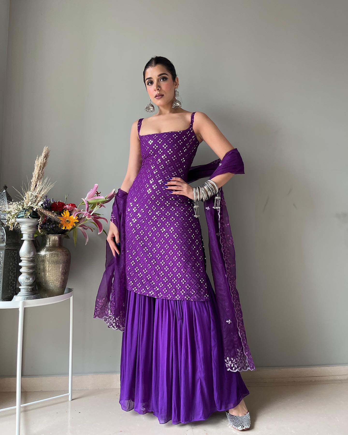 Party Wear Royal Purple Embroidered Georgette Kurti Sharara Set with Dupatta