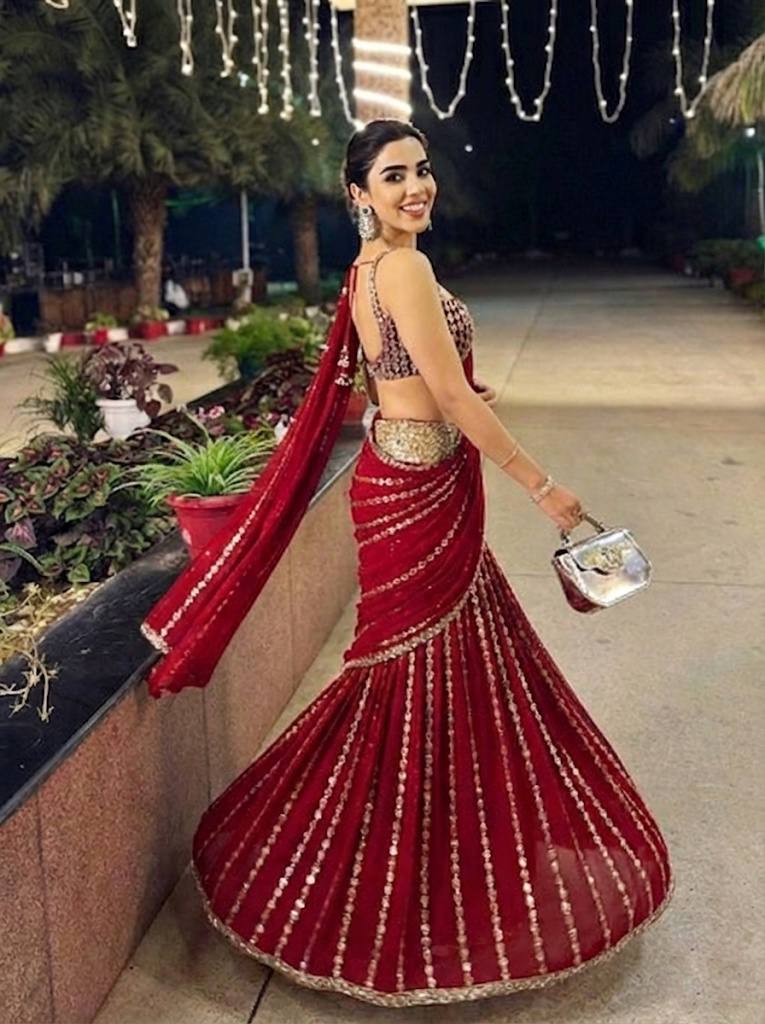 Wedding Wear Red Ready To Wear Lehenga Saree with Real Mirror Work