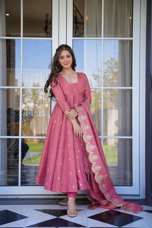 Function Wear Dusty Rose Pink Cosmos Anarkali Suit Set with Palazzo & Embroidered Dupatta
