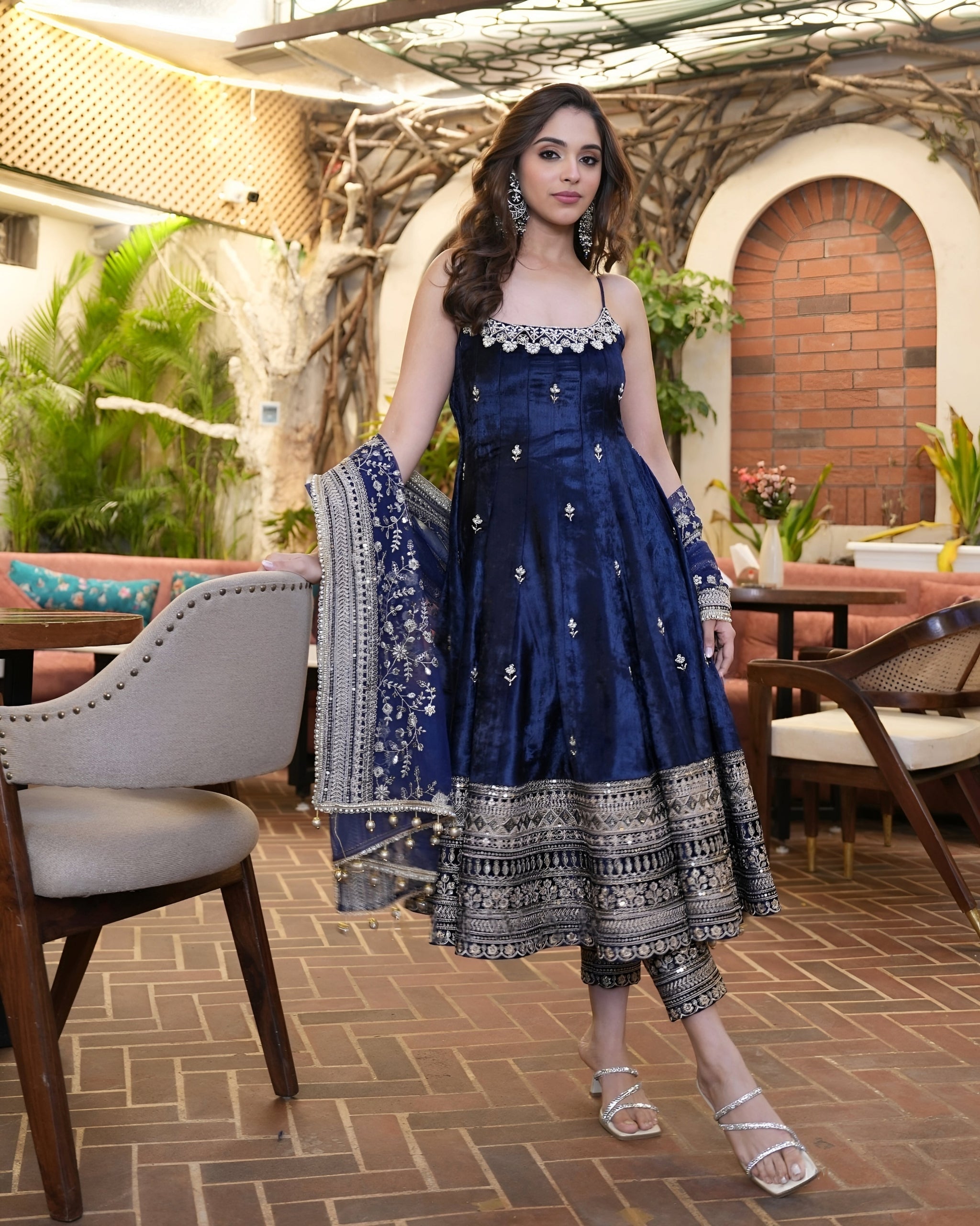 Alveera Navy Blue Pure Vichitra Silk Kurta Pant Set with Embroidered Dupatta | Festive Wear