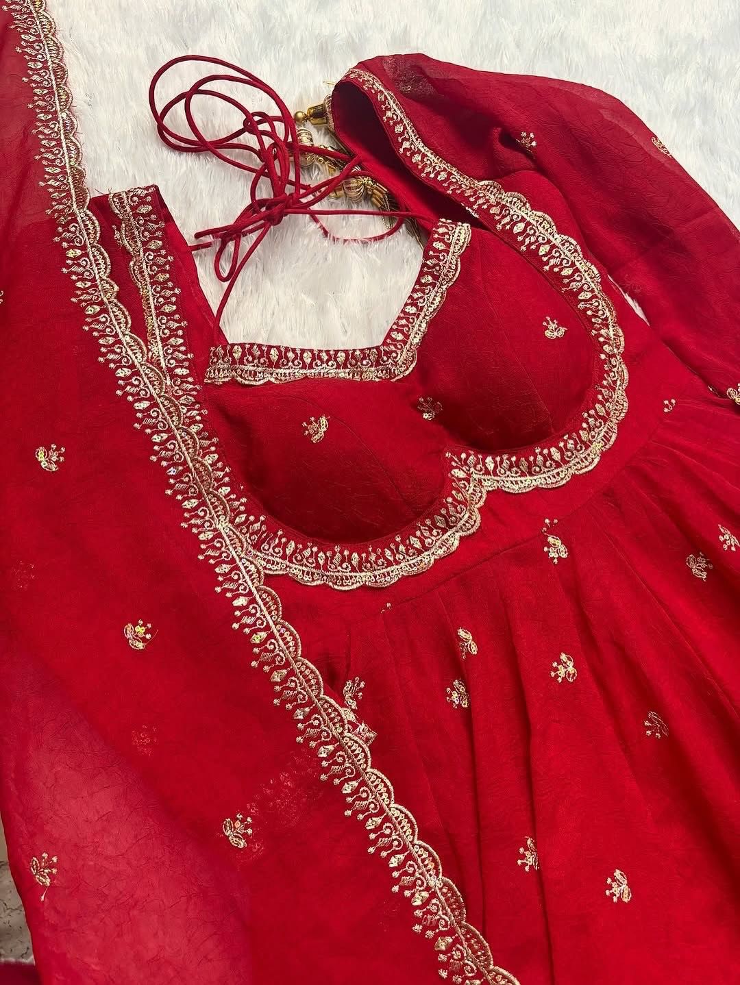 Red Chilli Slit Anarkali Premium Suit Set | Festive & Party Wear Style