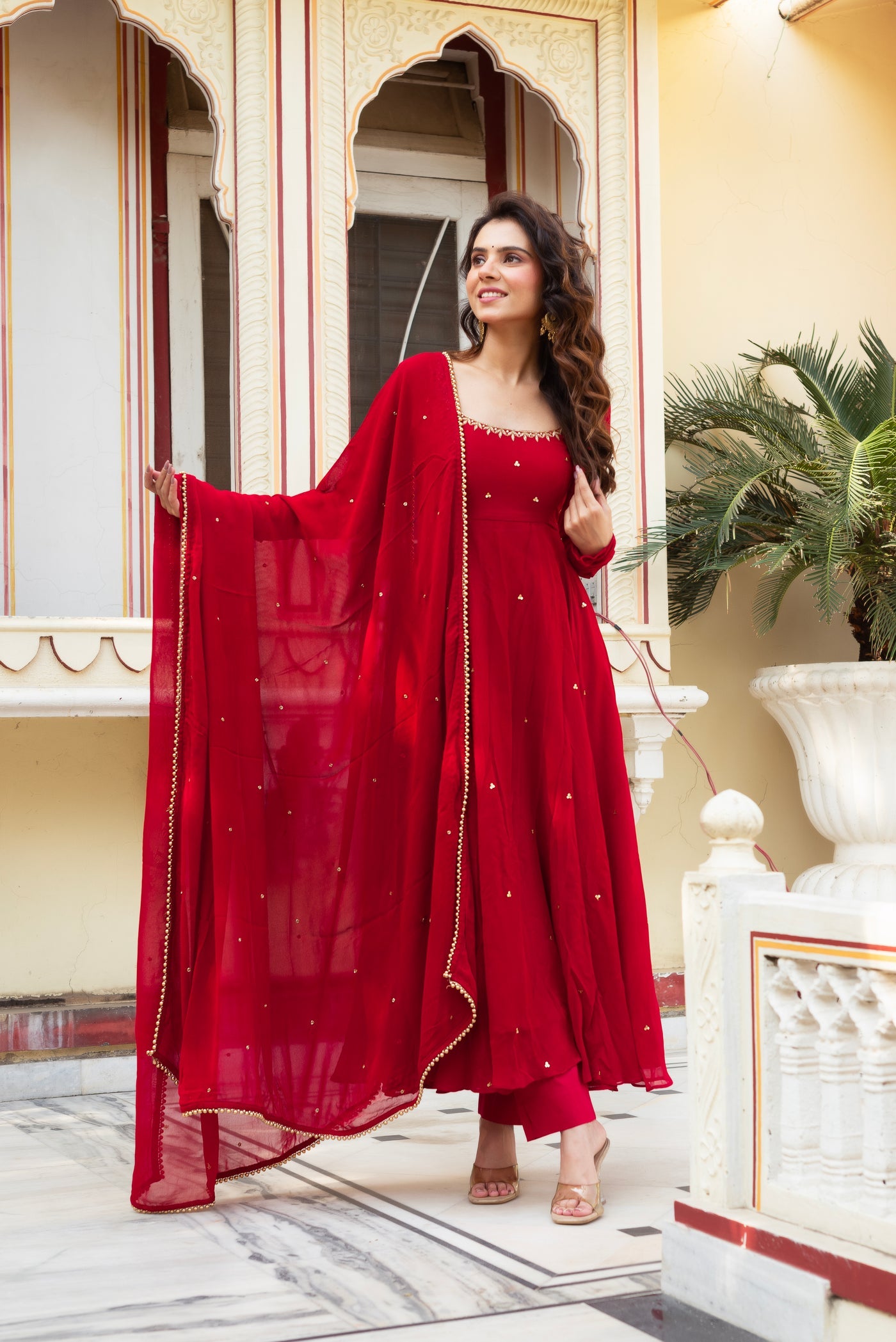 Party Wear Crimson Red Premium Georgette Flared Anarkali Suit Set with Dupatta
