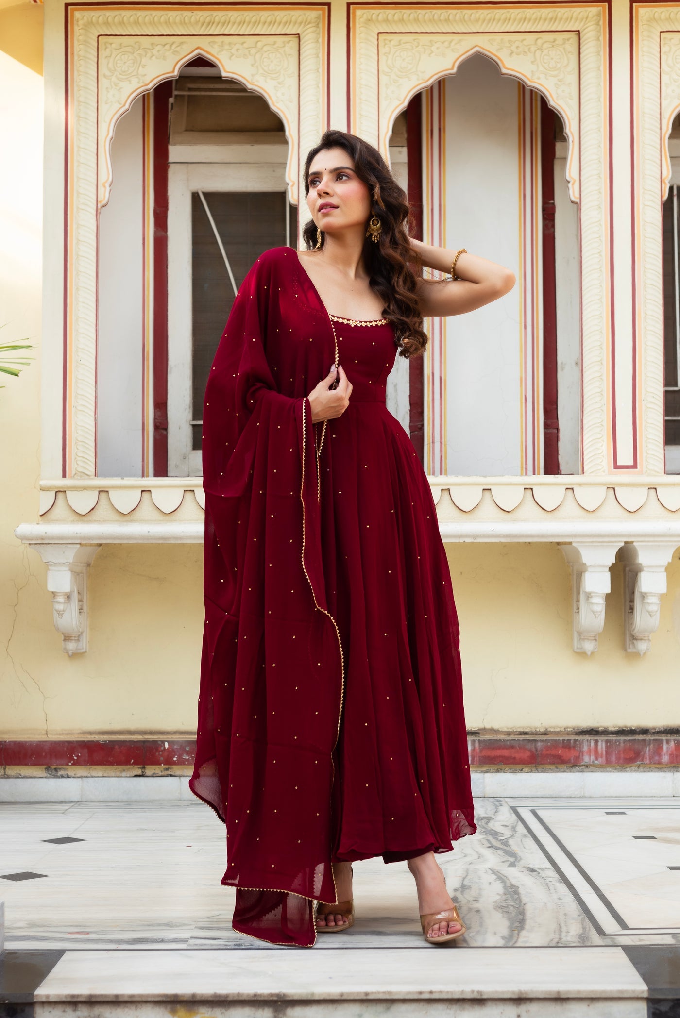 Festive Wine Maroon Heavy Faux Georgette Mirror Work Anarkali Palazzo Suit Set