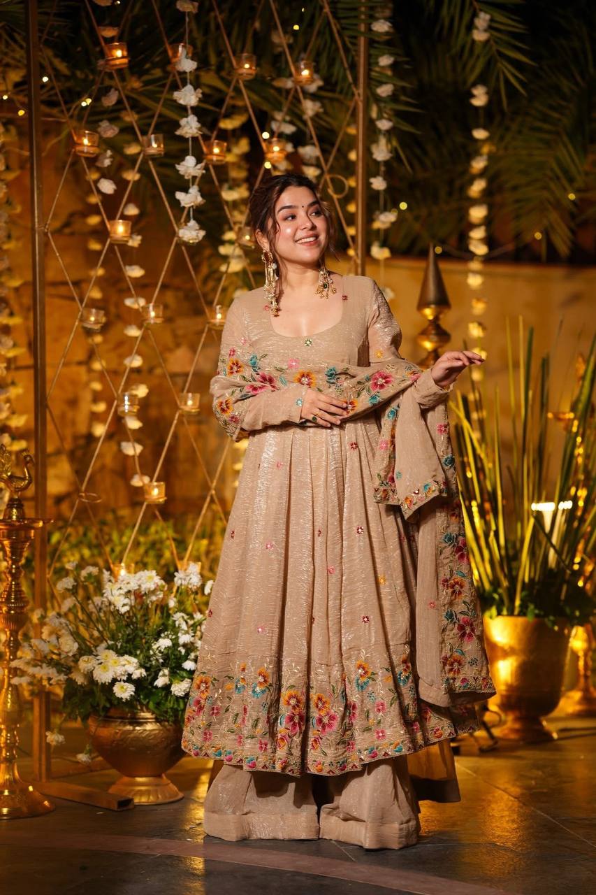 Champagne Beige Anarkali Sharara Set For Elegant Festive Wear