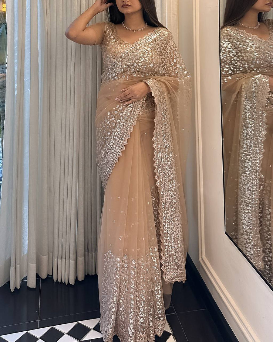 Partywear Beige Butterfly Mono Net Designer Saree with Sequin & Thread Work