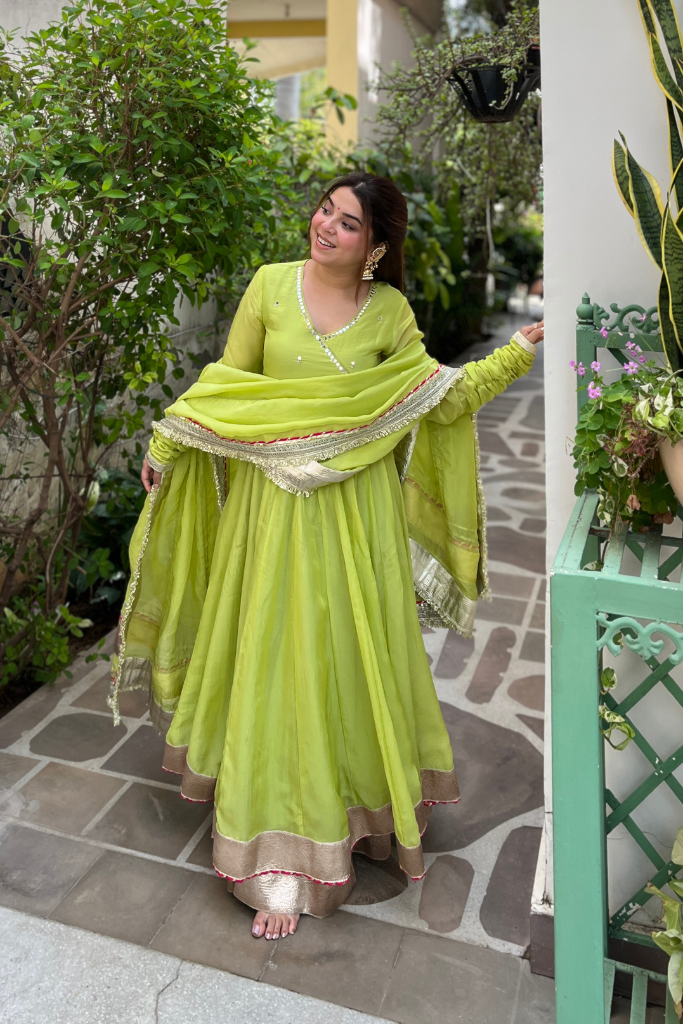 Lime Green Flared Anarkali Suit Set For Women | Ethnic Wear for Wedding, Party & Festive Occasions