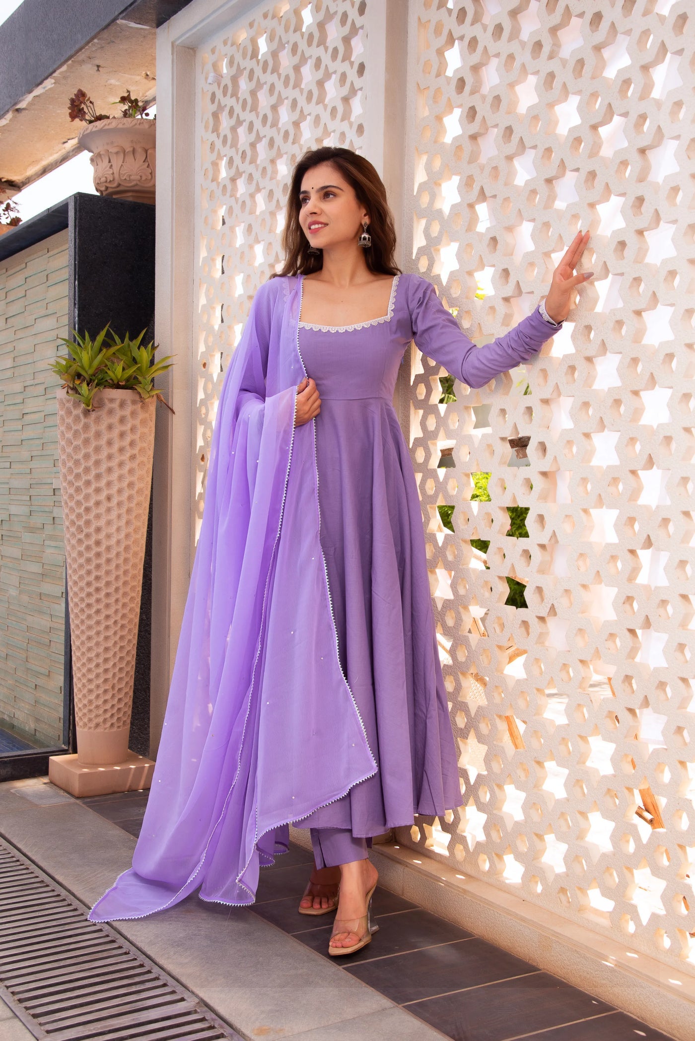 Lavender Georgette Anarkali Suit Set with Dupatta