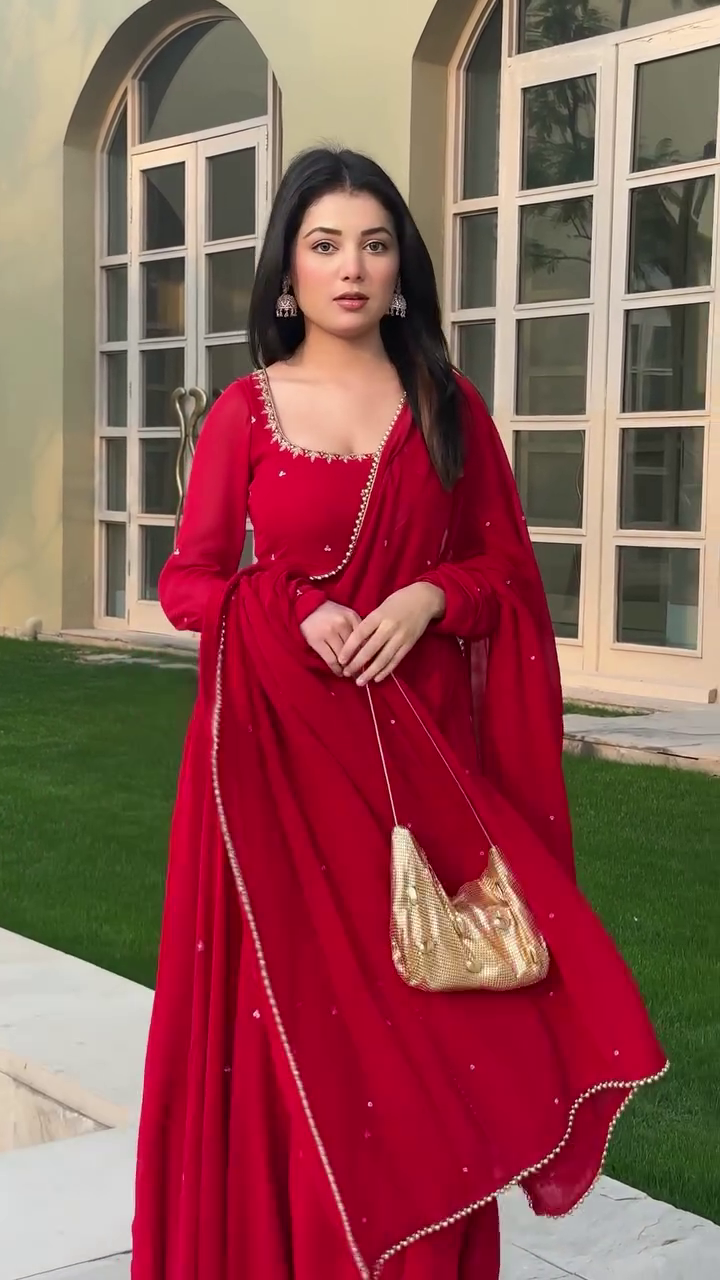 Red Heavy Georgette Handwork Anarkali Suit with Lace Dupatta & Cotton Silk Pants