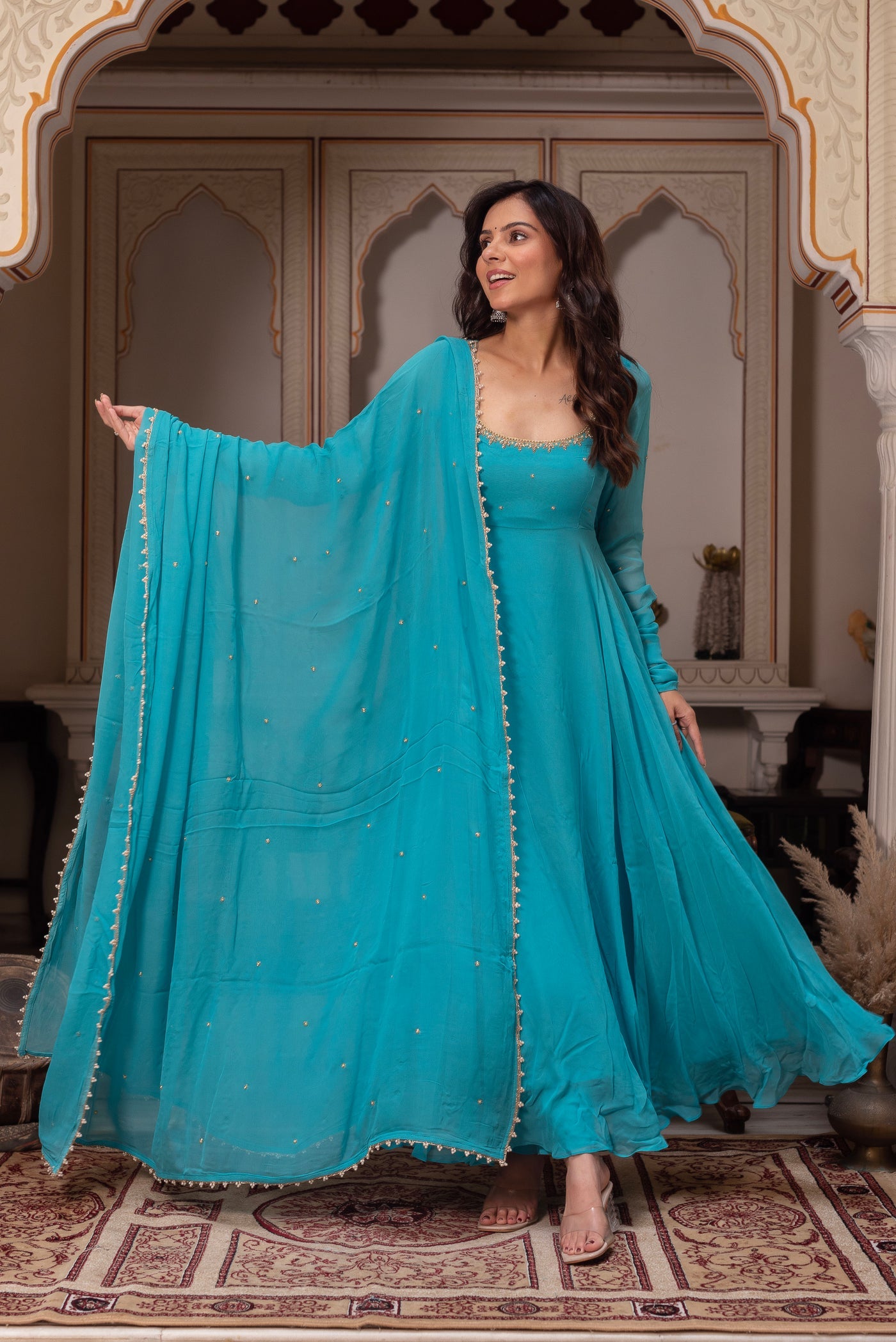 Teal Blue Georgette Anarkali Suit Set with Cotton Lining & Flowing Dupatta For Festive Wear