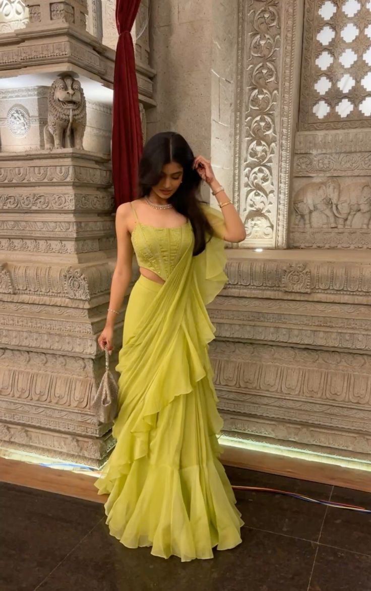 Lime Green Ready To Wear Ruffle Saree For Women | Ready To Wear Saree For Wedding