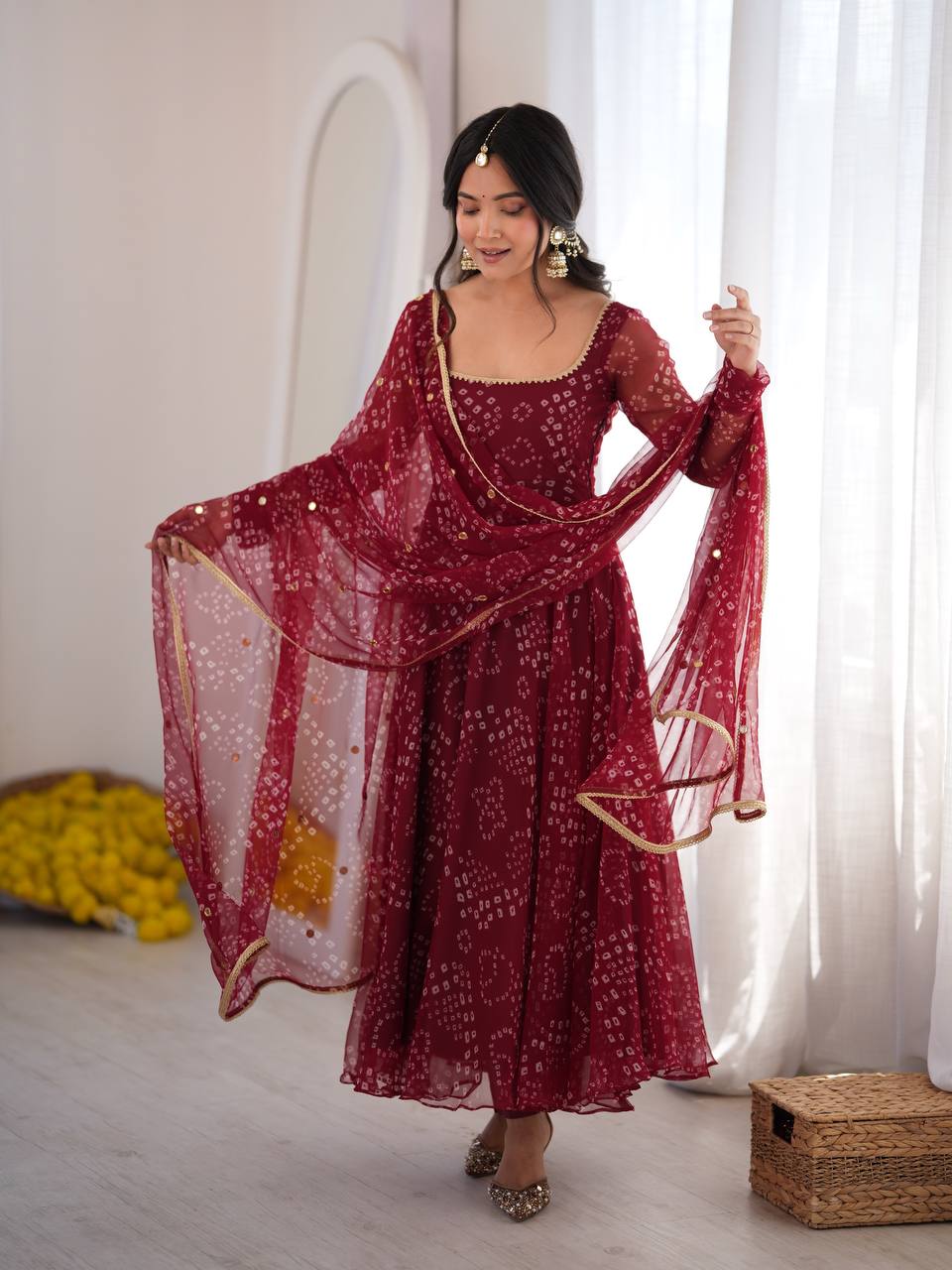 Maroon Anarkali Gown Style Suit Set with Mirror Work Dupatta | Festive & Function Wear