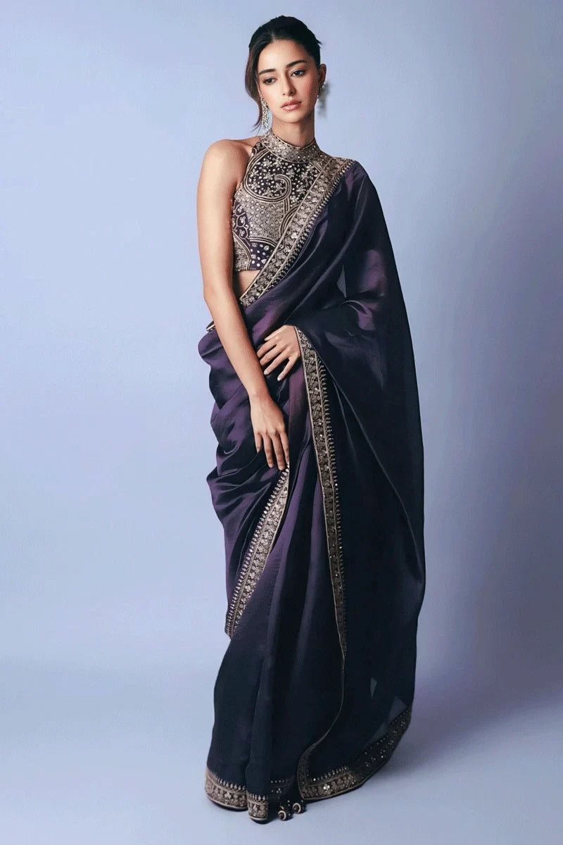 Party & Wedding Wear Designer Royal Purple Embroidered Sequin Saree with Mirror Work