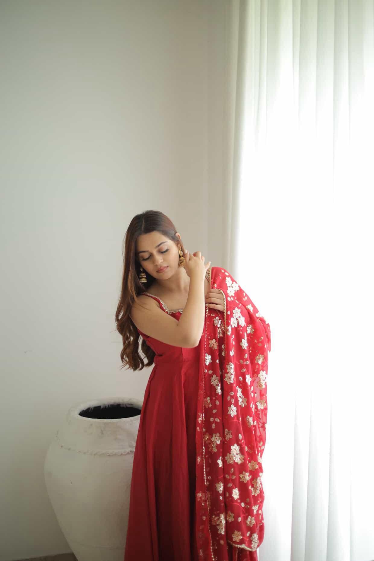 Red Georgette Sleeveless Gown with Sequins Dupatta | Party & Festive Wear