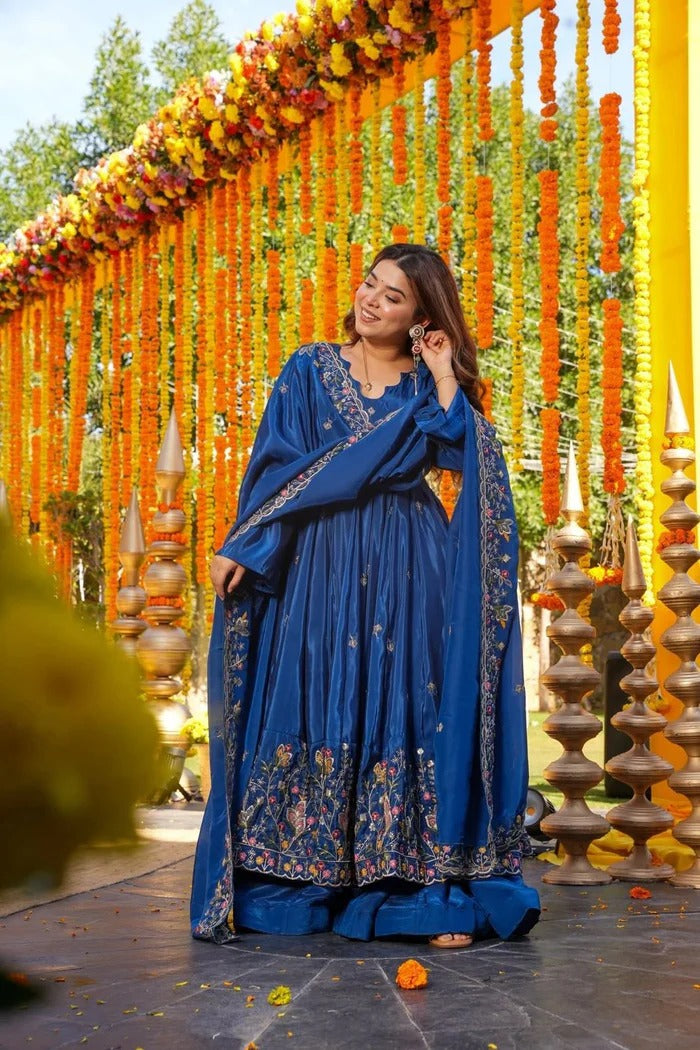 Wedding Wear Royal Blue Slit Anarkali Set