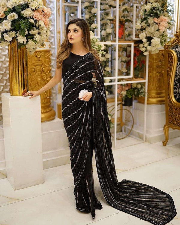 Cocktail Black Premium Georgette Party Wear Saree with Sequin Embroidery Work