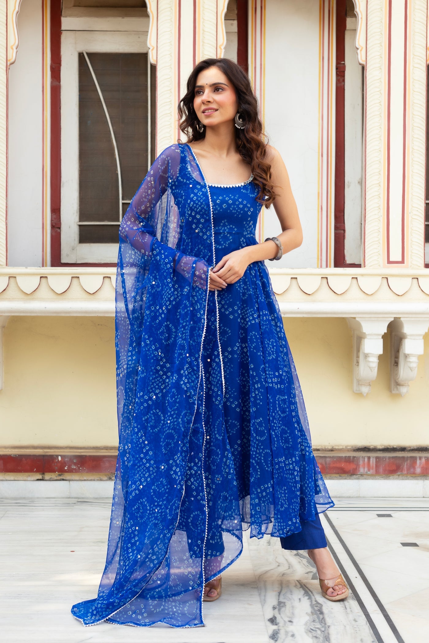 Royal Blue Digital Print Organza Silk Anarkali Suit Set with Dupatta