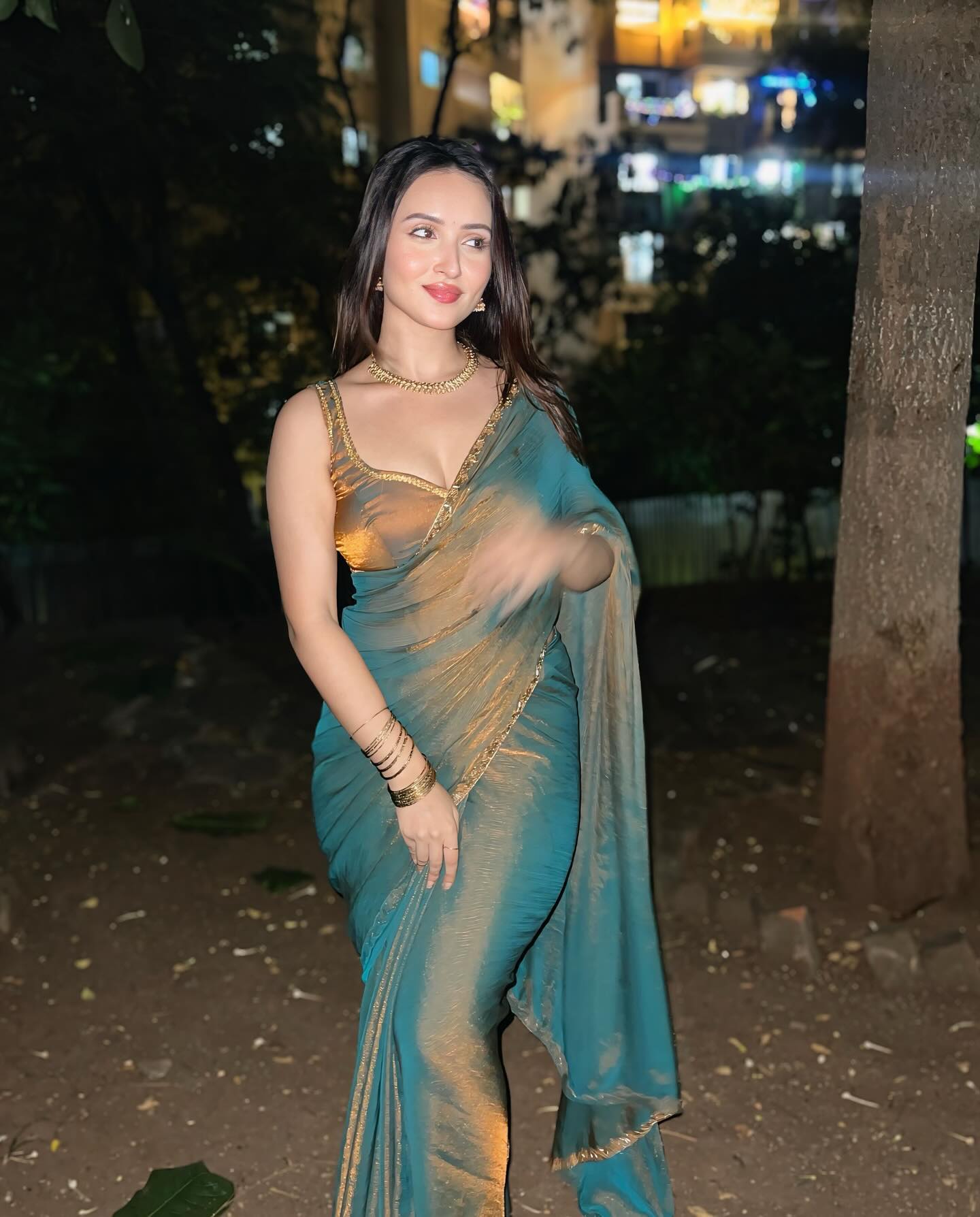 Party Wear Saree For Women | Teal Green & Golden Saree with Handwork Lace Border