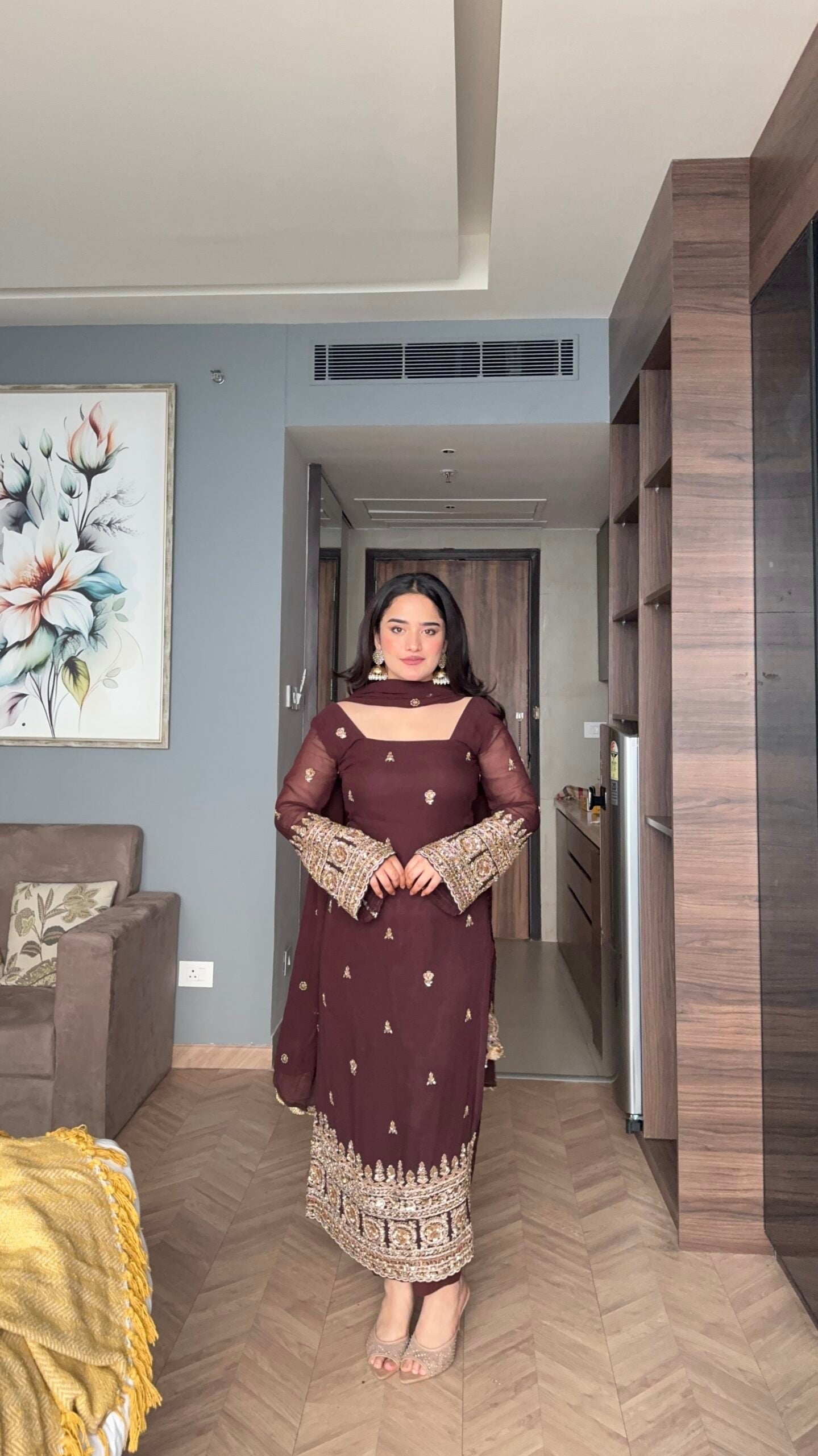 Wine Faux Blooming Anarkali Suit Set with Zari Embroidered Dupatta | Festive & Party Wear