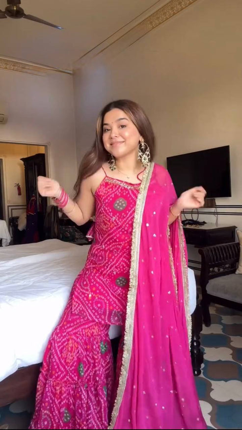 Festive Pink Faux Georgette Mirror Work Sharara Suit Set with Dupatta