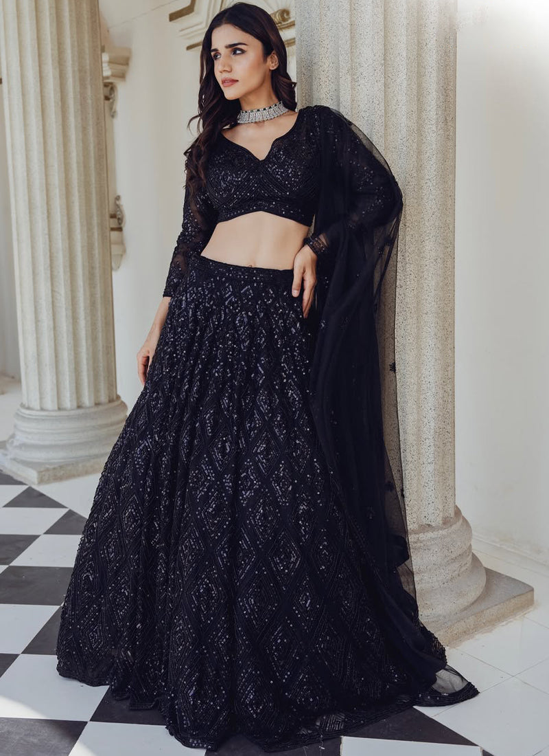 Black Designer Wedding Lehenga with Sequins & Dori Work For Women