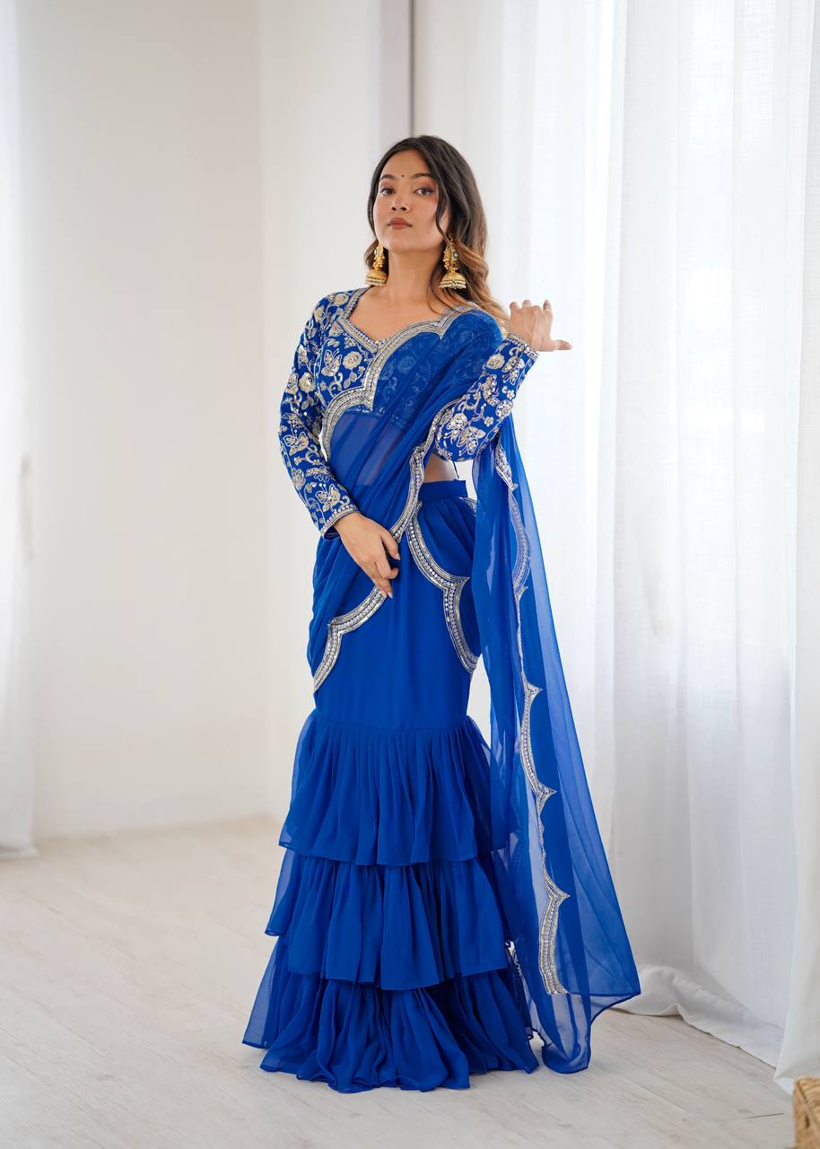 Party Wear Pre Draped Ready To Wear Ruffle Saree | Ready To Wear Saree For Wedding