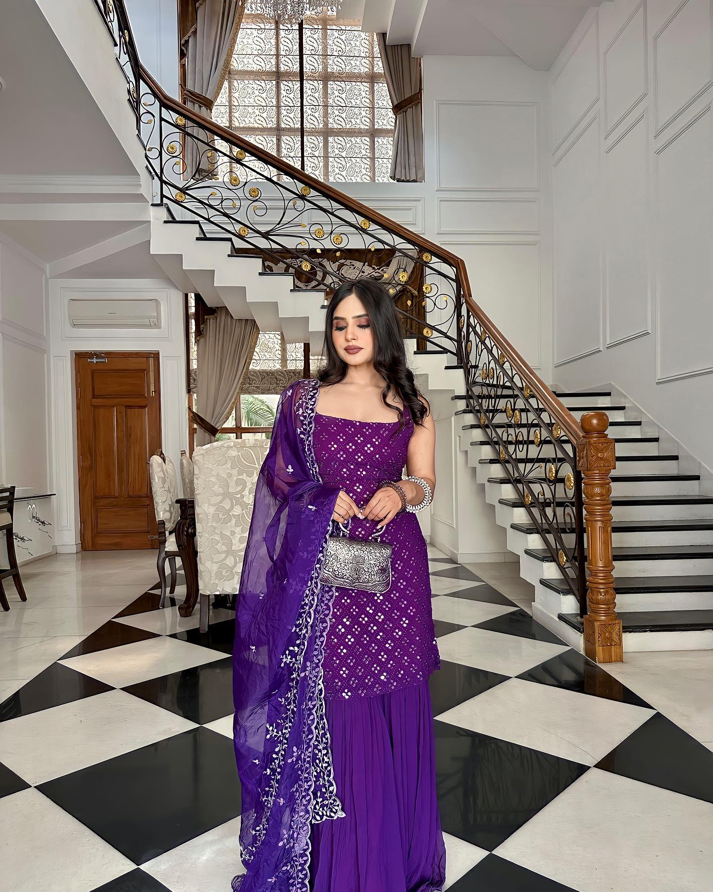 Festive Wear Purple Georgette Embroidered Kurti Sharara Set with Dupatta