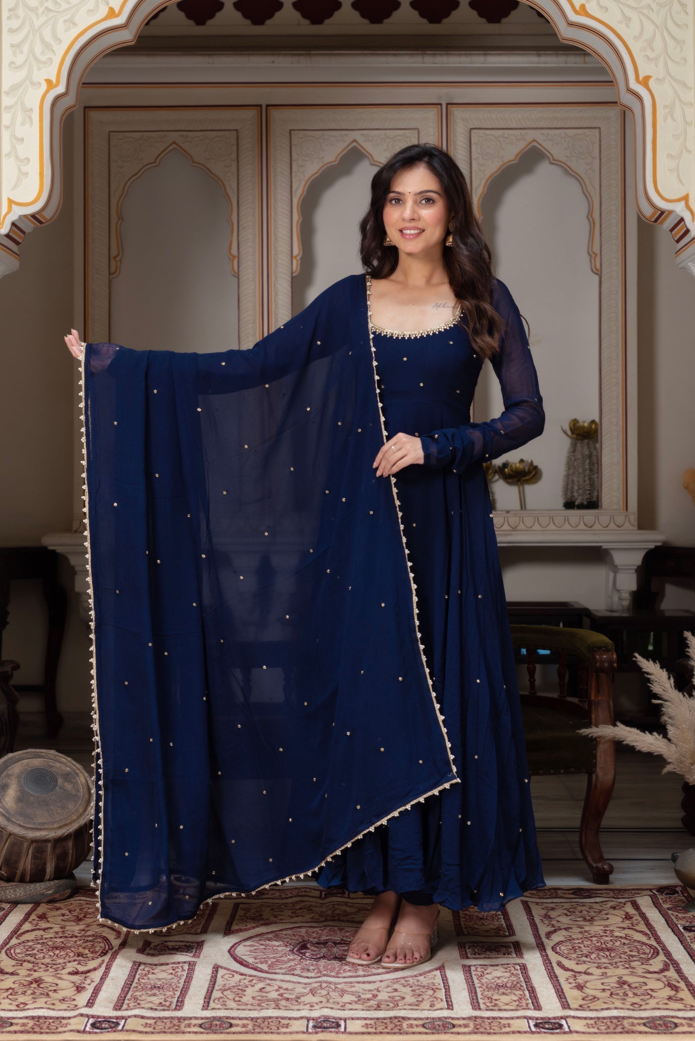 Function Wear Navy Blue Premium Georgette Anarkali Suit Set with Lace Border Dupatta