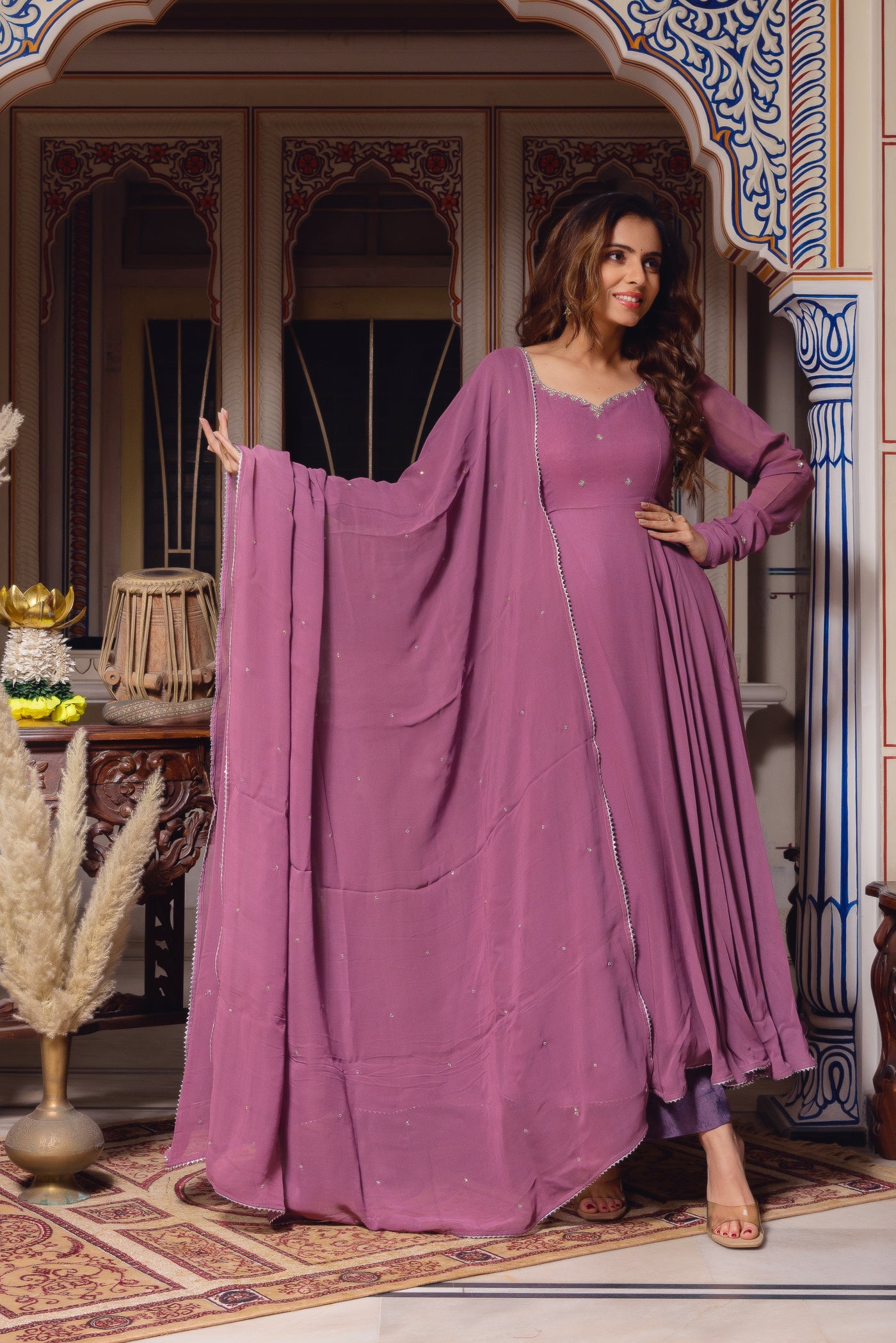 Festive Wear Mauve Faux Georgette Hand Work Gown Suit Set