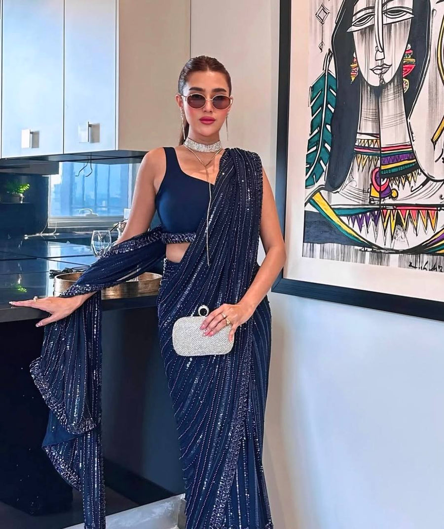 Navy Blue Georgette Partywear & Cocktail Saree With Sequins & Dori Embroidery