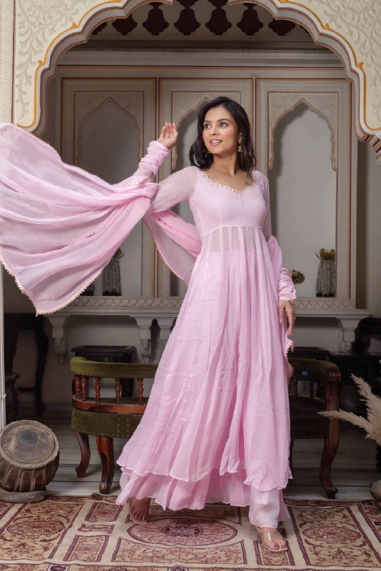 Festive Wear Pastel Pink Handwork Georgette Anarkali Suit Set for Women with Palazzo & Dupatta