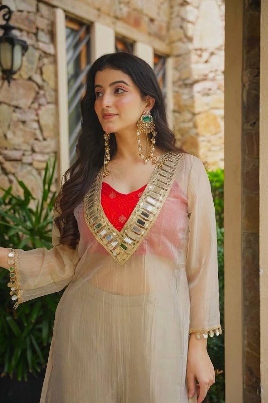 champagne beige Designer Salsa Silk Mirror Work Anarkali Palazzo Suit Set for Women | Wedding Wear & Festive Wear
