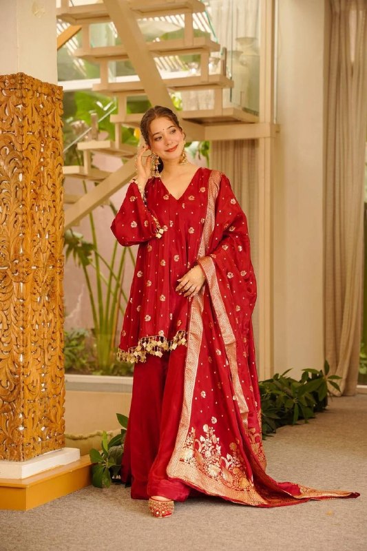Red Satin Silk Palazzo Suit Set for Women | Designer Festive, Mehendi & Wedding Wear