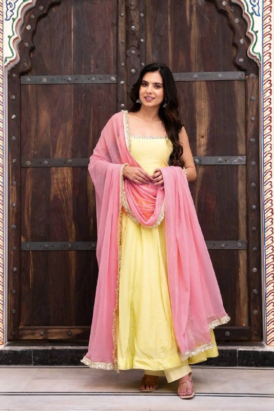 Festive Yellow Anarkali Suit With Pink Dupatta Set for Women | Stylish Wedding & Haldi Outfit for Women