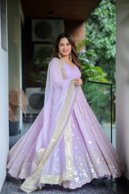 Wedding Wear Lavender Sequin Zari Embroidered Anarkali Suit Set for Women with Dupatta