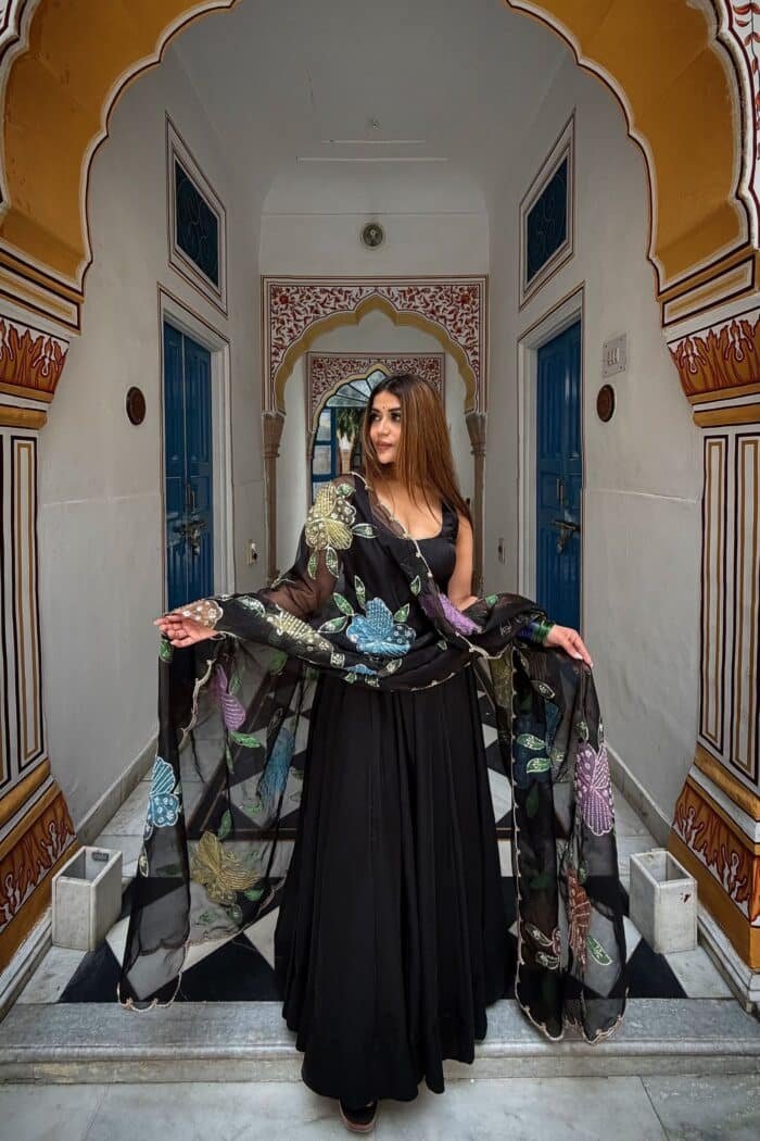Elegant Black Party Wear Anarkali Suit Set for Women with Floral Organza Dupatta