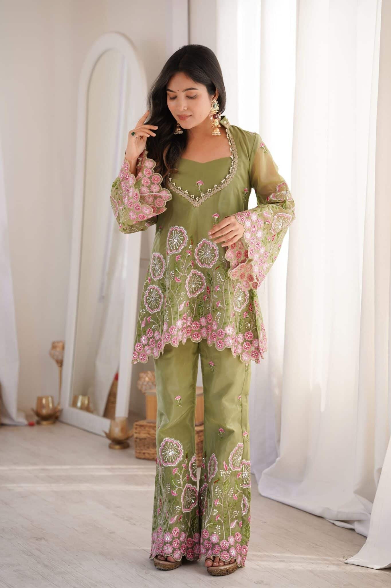 Olive Green Embroidered Co-Ord Set for Women | Designer Silk Palazzo Set with Sequins Work