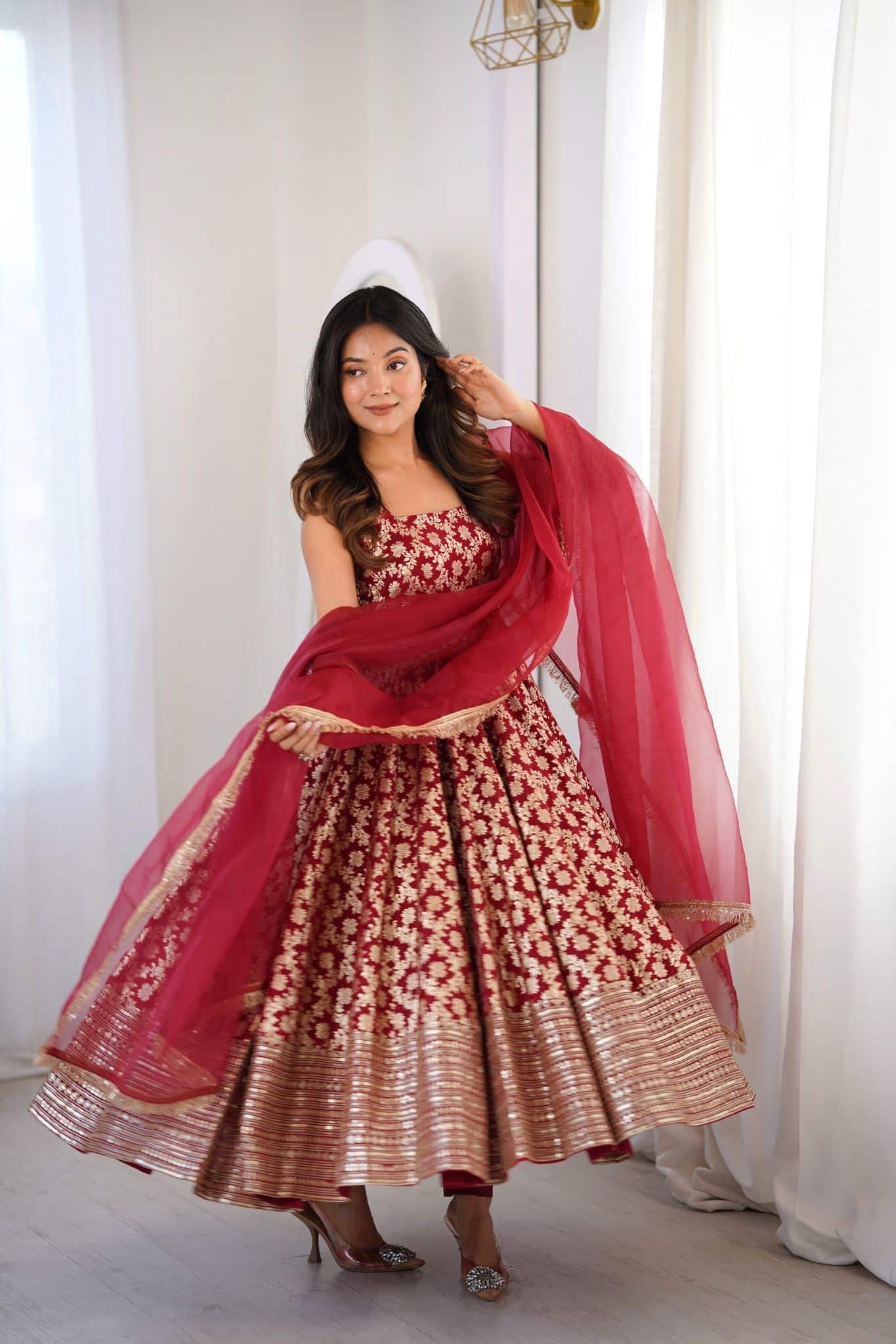 Festive Wear Maroon Silk Designer Anarkali Suit Set with Organza Dupatta for Women | Wedding & Sangeet Wear