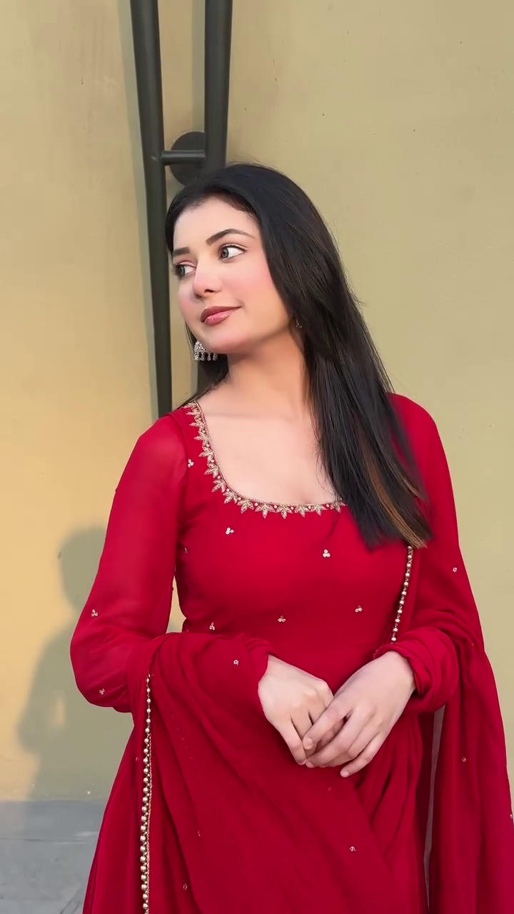 Red Heavy Georgette Handwork Anarkali Suit with Lace Dupatta & Cotton Silk Pants