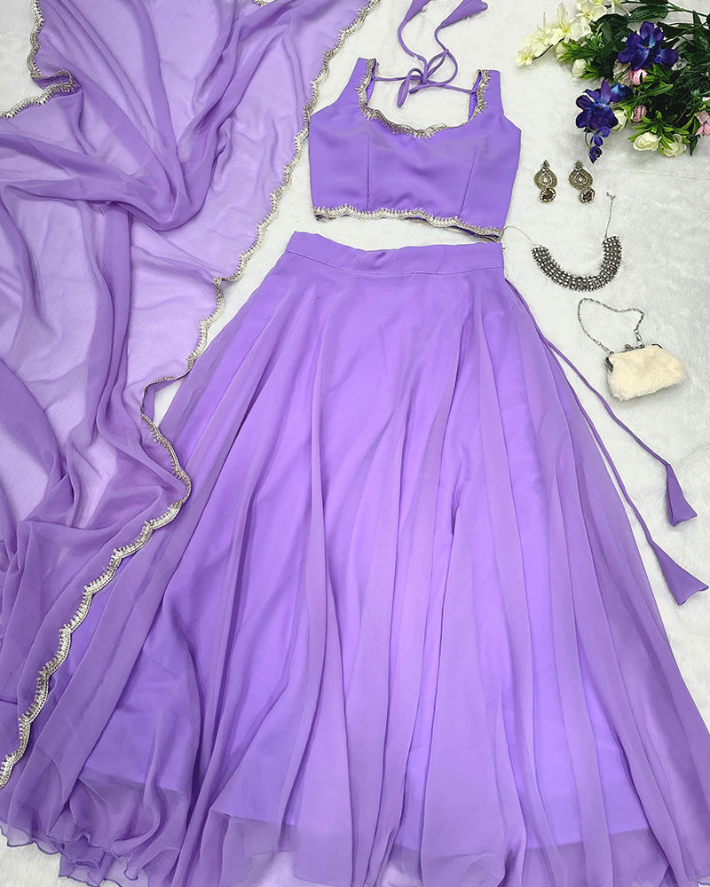 Ceremony Wear Lavender Color Full Flair Pure Georgette Full Stitched Lehenga Choli