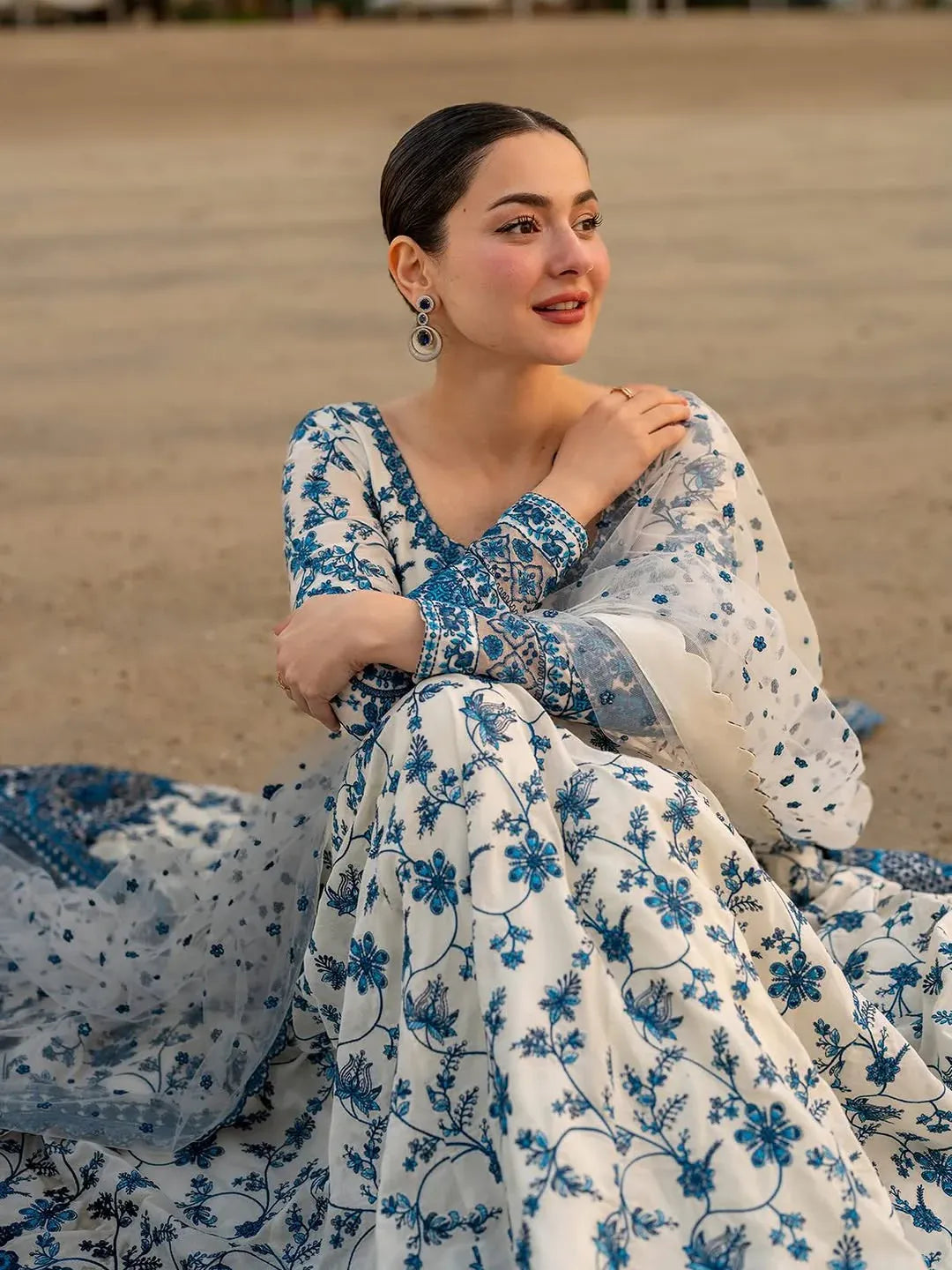 White Blue Floral Anarkali Suit for Women | Party , Wedding Dress For Women