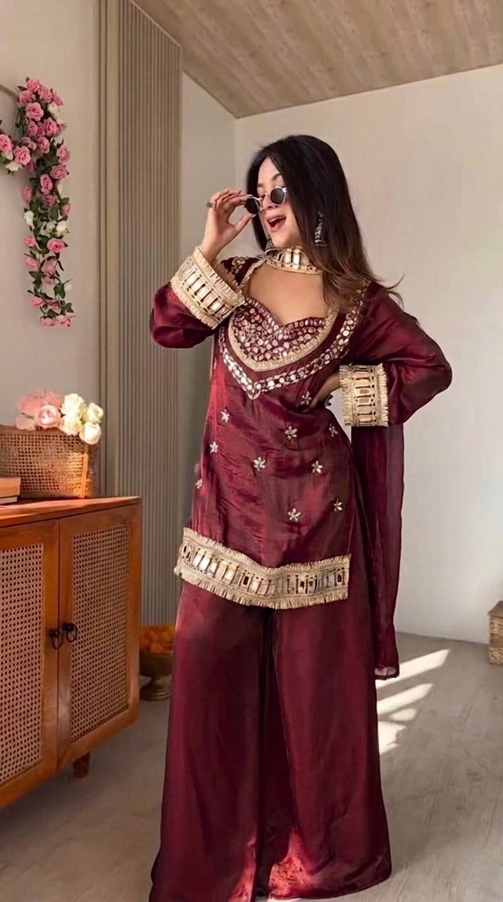 Festive Wear Royal Mirror Work Sharara Set For Women