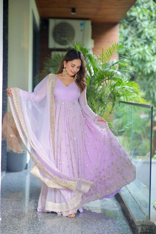 Wedding Wear Lavender Sequin Zari Embroidered Anarkali Suit Set for Women with Dupatta