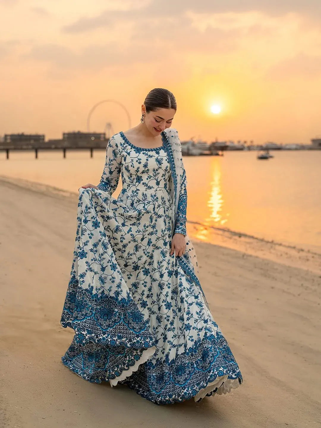 White Blue Floral Anarkali Suit for Women | Party , Wedding Dress For Women