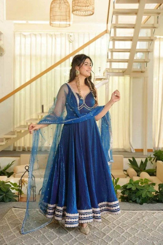 Festive Wear Navy Blue Fendy Silk Anarkali Gown with Net Dupatta Set for Women
